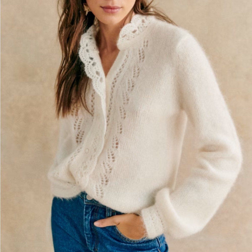 Sezane Cream Knit Lace-Trim Cardigan - Picture 3 of 7